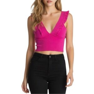 NWOT Zara Fuschia Pink Ruffled V-Neck Stretchy Knit Bandage Crop Top